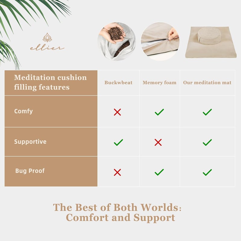 ellier Zafu & Zabuton Meditation Cushion Set - Buckwheat Hull & Memory Foam Pillows, Ergonomic Support for Yoga, Mindfulness - Organic Velvet Cover, Large Size, Durable Comfort (Khaki) - Image 2